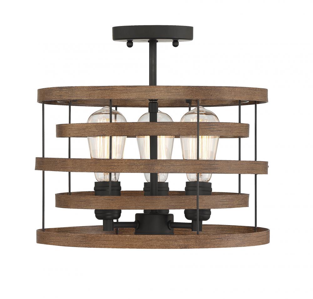 Blaine 3-light Convertible Semi-flush Or Pendant In Natural Walnut With Black Accents