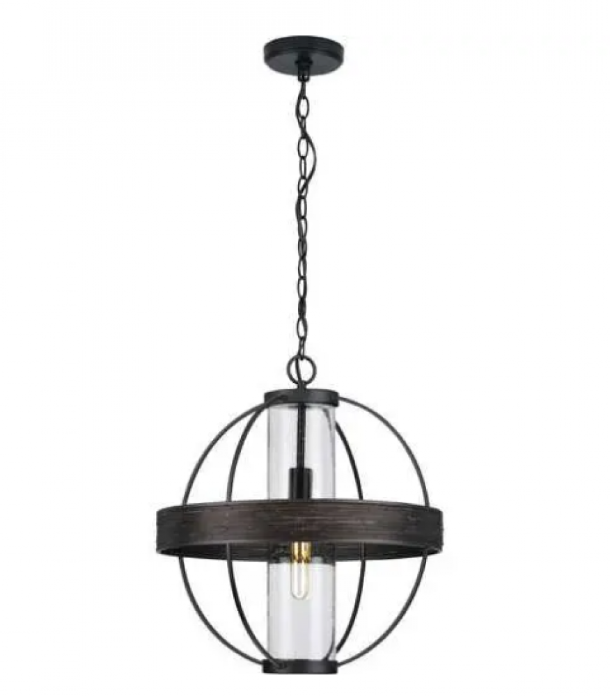 Terrace Collection One-Light Matte Black Clear Seeded Glass Global Outdoor Hanging Light