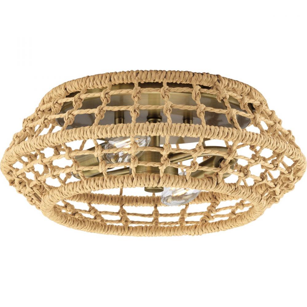 Laila Collection 12-1/4 in. Two-Light Vintage Brass Coastal Flush Mount with Woven Jute Accents