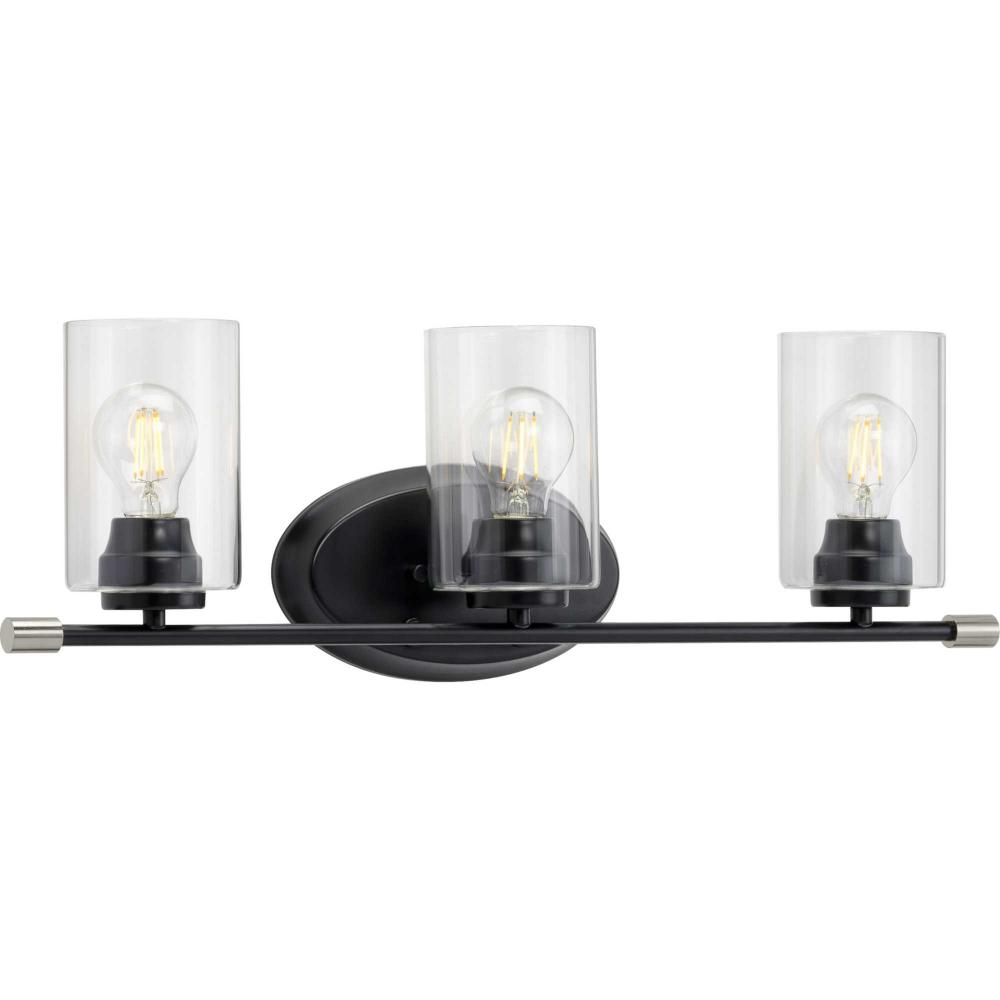 Riley Collection Three-Light Matte Black Clear Glass Modern Bath Vanity Light