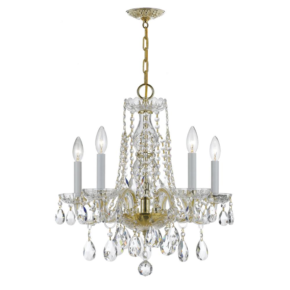 Traditional Crystal 5 Light Hand Cut Crystal Polished Brass Chandelier