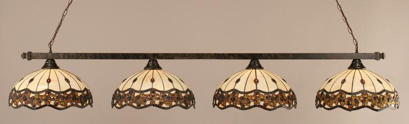 Four Light Bronze Roman Jewel Tiffany Glass Island Light