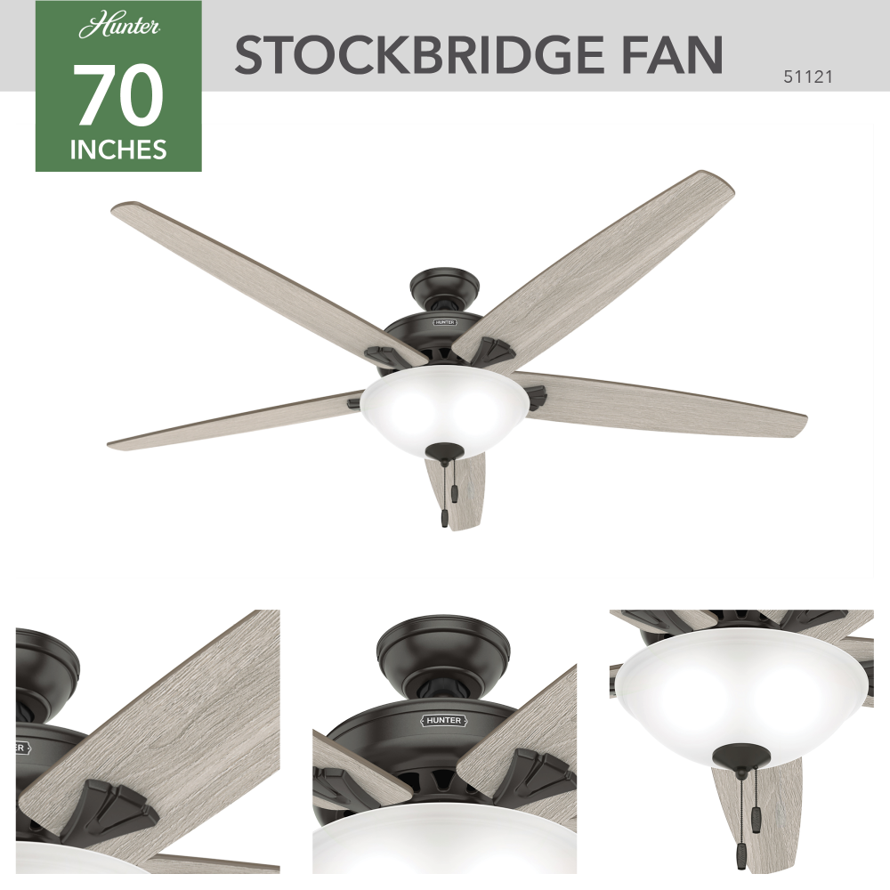 Hunter 70 inch Stockbridge Noble Bronze Ceiling Fan with LED Light Kit and Pull Chain