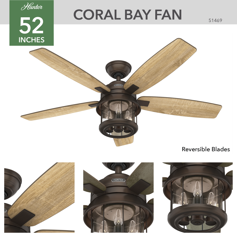 Hunter 52 inch Coral Bay Weathered Copper Damp Rated Ceiling Fan with LED Light Kit