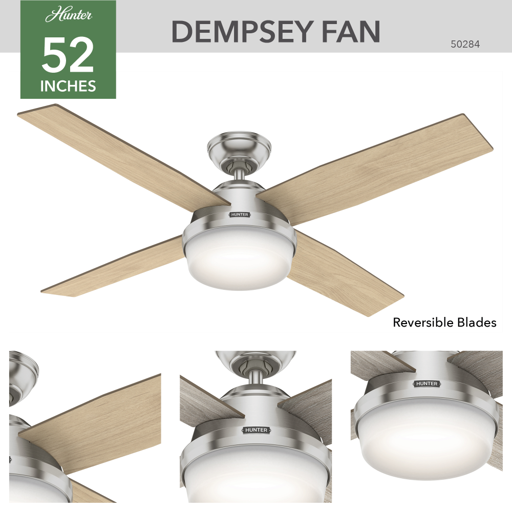 Hunter 52 inch Dempsey Brushed Nickel Ceiling Fan with LED Light Kit and Handheld Remote