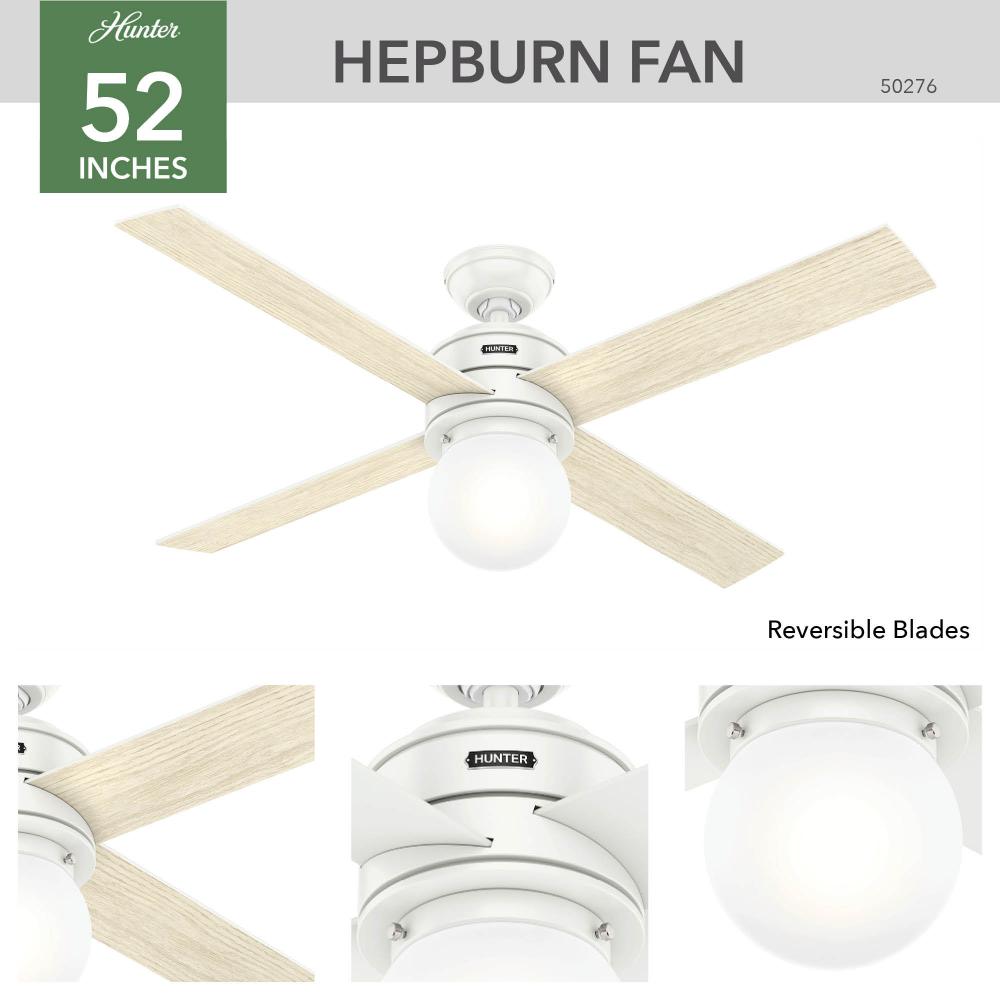 Hunter 52 inch Hepburn Matte White Ceiling Fan with LED Light Kit and Wall Control