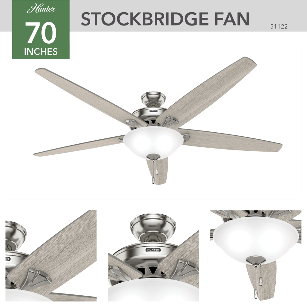 Hunter 70 inch Stockbridge Brushed Nickel Ceiling Fan with LED Light Kit and Pull Chain