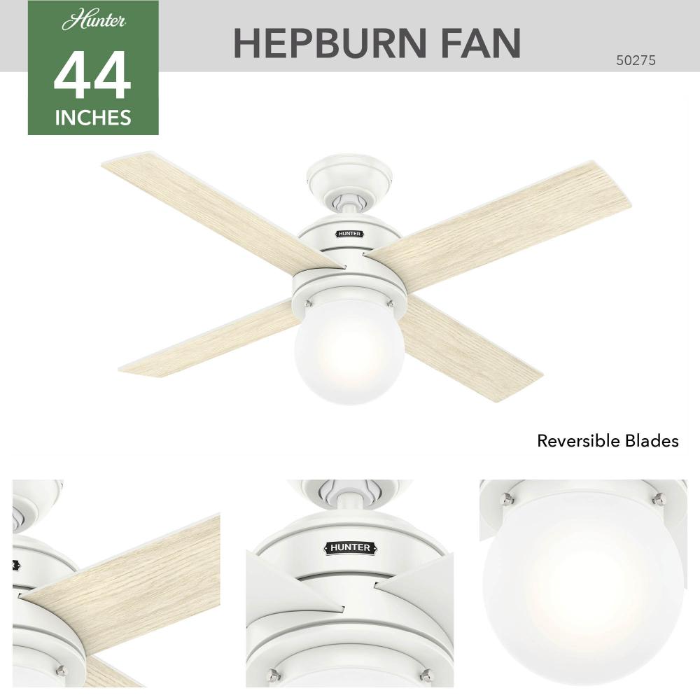 Hunter 44 inch Hepburn Matte White Ceiling Fan with LED Light Kit and Wall Control