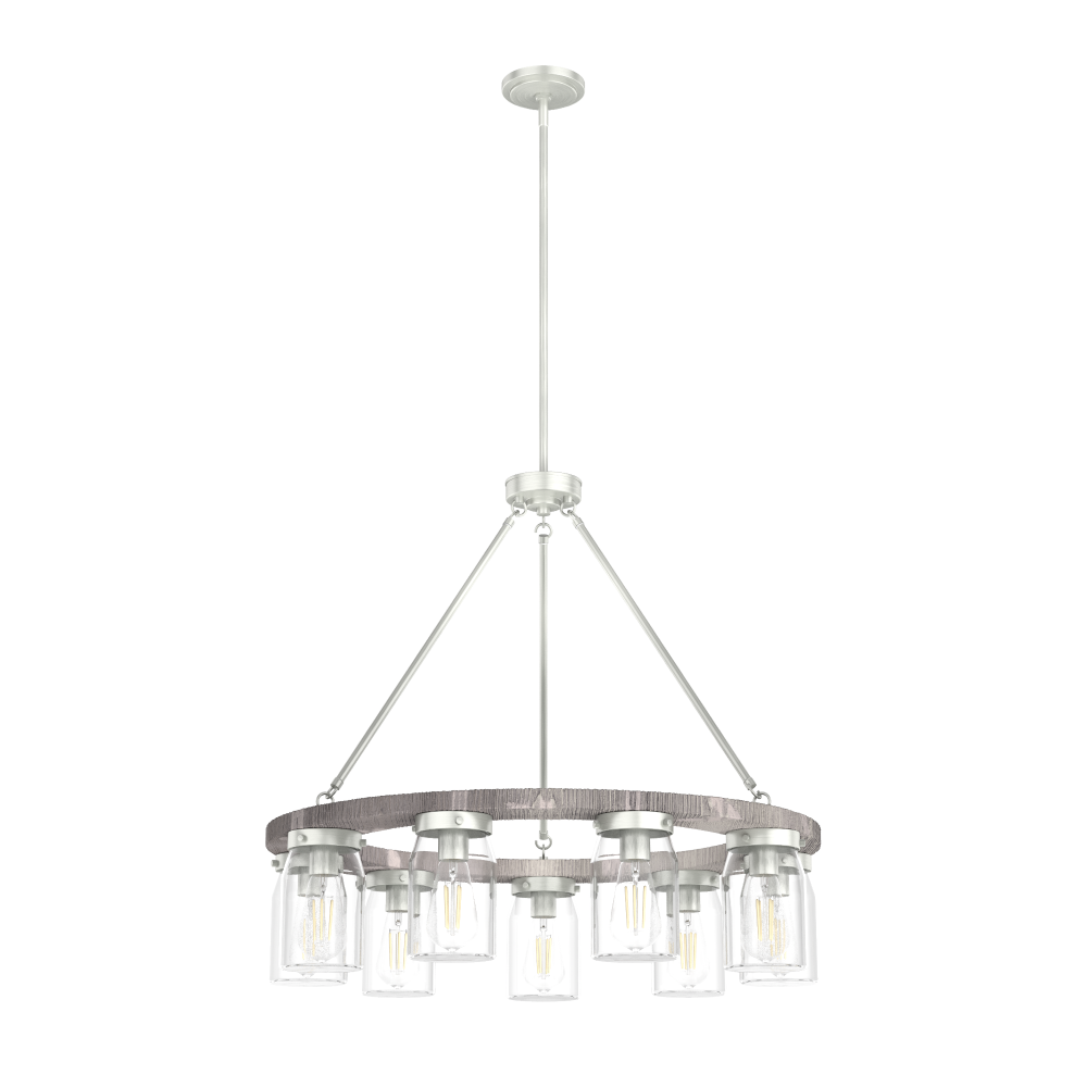 Hunter Devon Park Brushed Nickel & Grey Wood with Clear Glass 9 LT Chandelier Ceiling LT Fixture