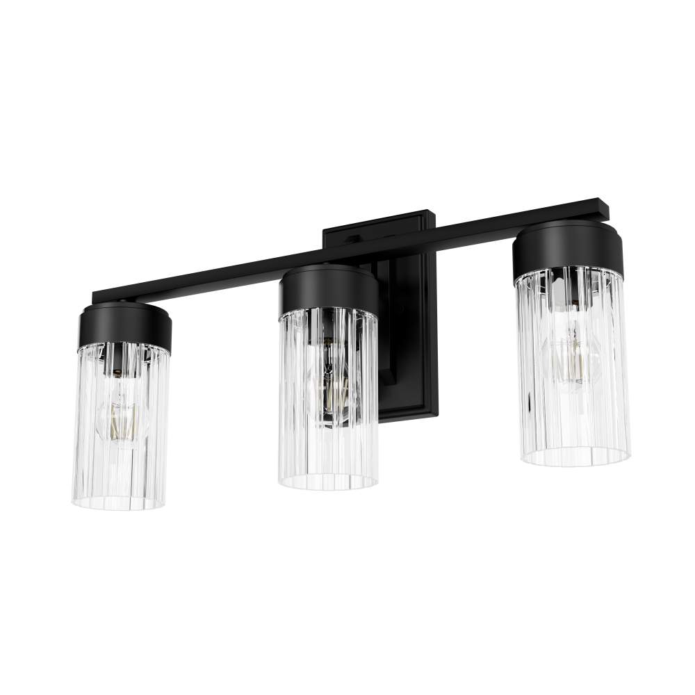 Hunter Gatz Matte Black with Clear Fluted Glass 3 Light Bathroom Vanity Wall Light Fixture