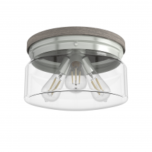 Hunter 19152 - Hunter Devon Park Brushed Nickel and Grey Wood with Clear Glass 3 Light Flush Mount Ceiling Light