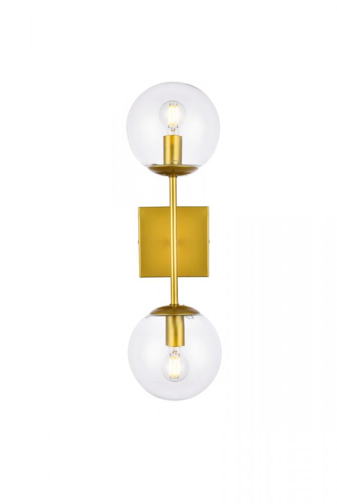 Neri 2 lights brass and clear glass wall sconce