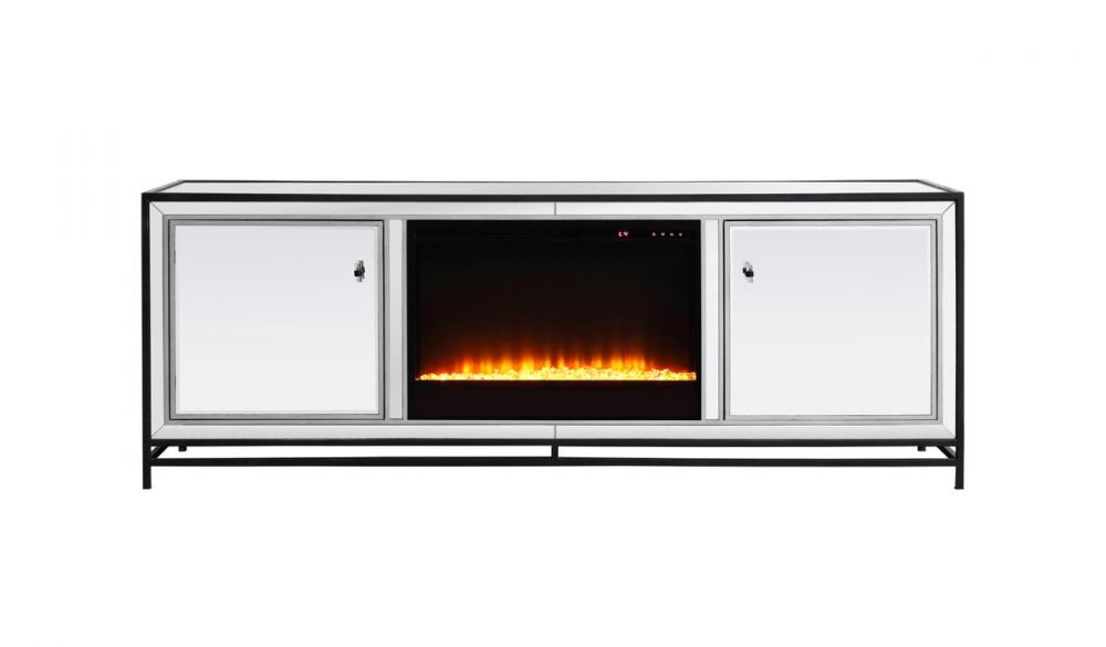 James 72 in. mirrored tv stand with crystal fireplace in black