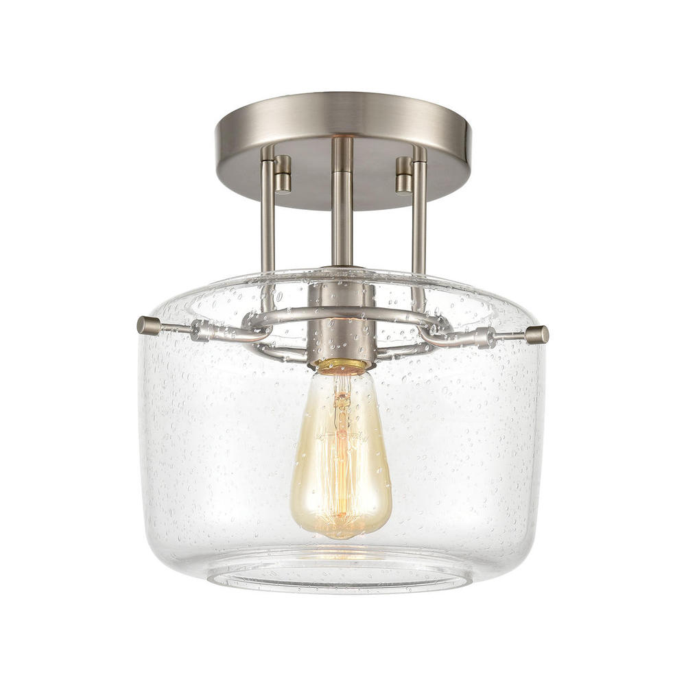 Jake 1-Light Semi Flush Mount in Satin Nickel with Seedy Glass